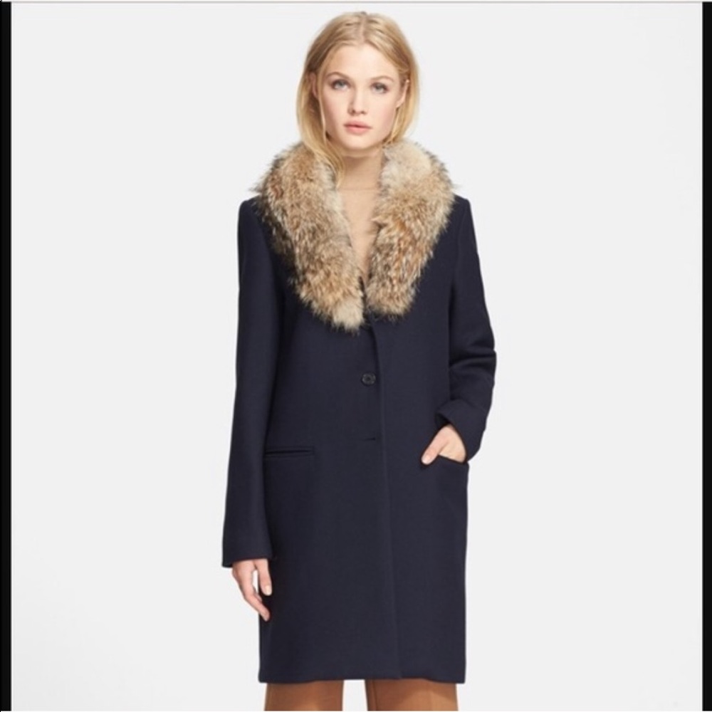 Theory Belize navy overcoat with Coyote fur Collar
